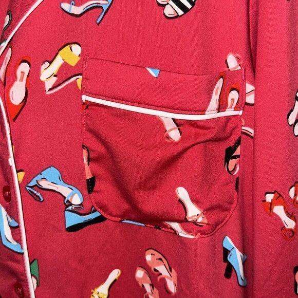 kate spade S Red Multi Stiletto Shoe Print Notch Collar Long Sleeve Pajama Set - Picture 8 of 16